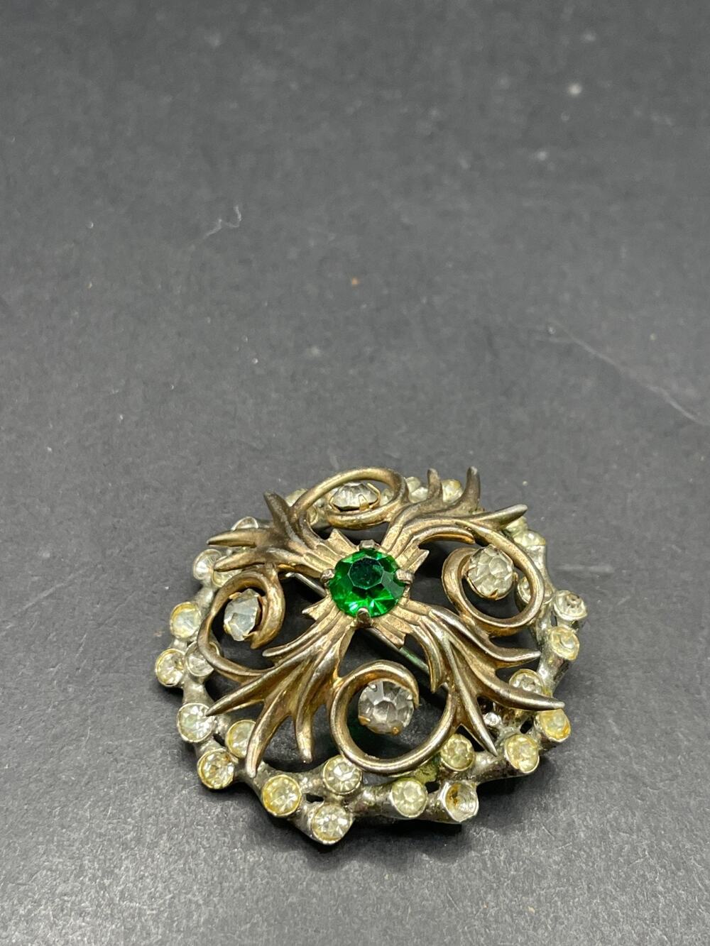 Vtg Castlecliff Sterling Silver 925 Gold To Green Rhinestone Filigree Brooch Pin